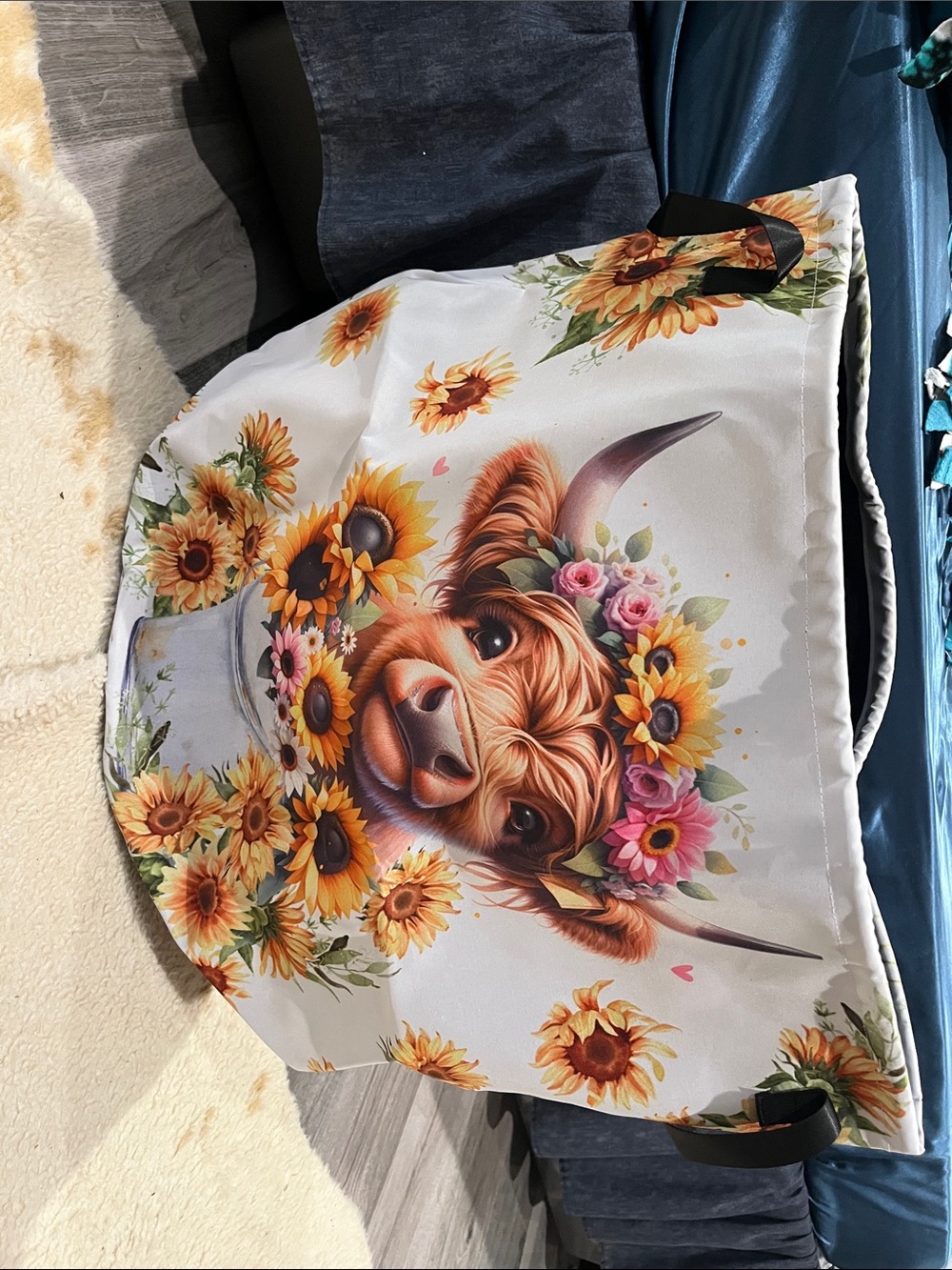 Highland Cow Face Floral Laundry Basket White Background